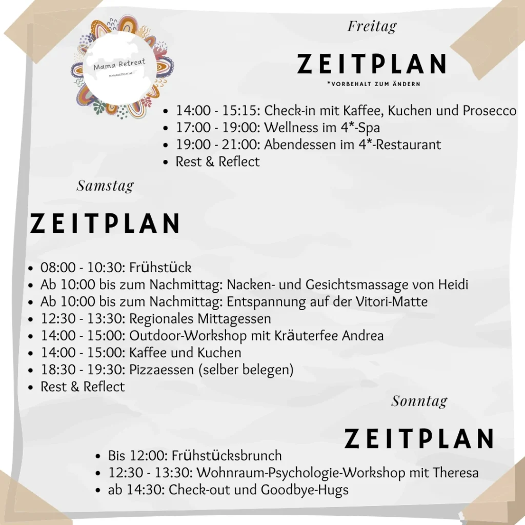 Zeitplan - Mama Retreat by Astrid mama retreat, auszeit, erholung, metime